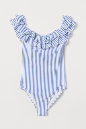 Off-the-shoulder Swimsuit - Light blue/white striped - Ladies | H&M US