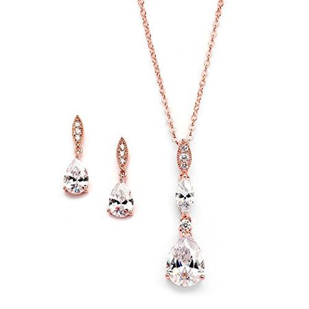 Gold Plated Teardrop CZ Wedding Necklace and Earrings Set for Bridal Or Bridesmaids