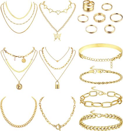 Amazon.com: Sanfenly Gold Jewelry Sets for Women Gold Layered Necklaces Chunky Bracelets Knuckle Rings Set Costume Accessories Jewelry: Clothing, Shoes & Jewelry