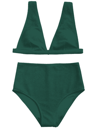 Textured Plunge High Waisted Bikini Set GREEN: Bikinis L | ZAFUL