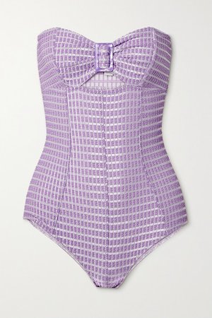 Cutout Metallic Seersucker Bandeau Swimsuit - Lavender