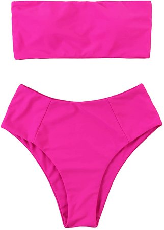 Amazon.com: OMKAGI Women Strapless Swimsuits High Waisted Two Piece Solid Bandeau Bikini Set(Small,Hot Pink): Clothing