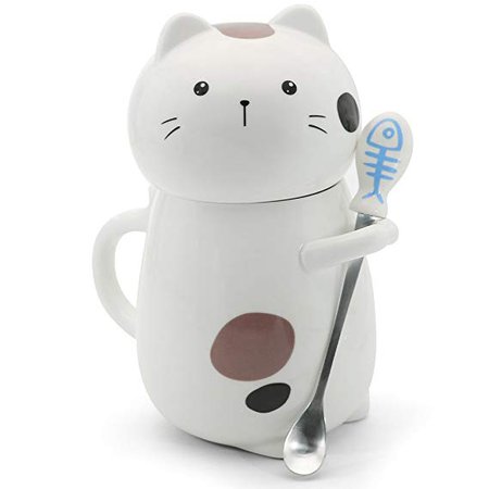 Asmwo Cute 3D Cat Mug Funny Ceramic Coffee Tea Mug with Stirring Spoon and Lid Novelty Birthday Christmas Thanks Giving Gift for Cat Lovers Valentine's Day Gifts,White 14 oz-A: Amazon.ca: Home & Kitchen