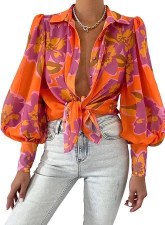EVALESS Womens Tops Long Sleeve Shirts Cute Blouses for Women Fashion 2024 Multicolor Button Down Shirt for Women Dressy Casual Boho Clothes Spring Outfits for Holiday Sexy V Neck Tops for Fall,Small at Amazon Women’s Clothing store