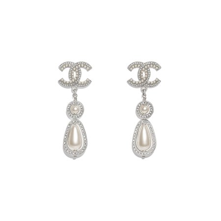 Metal, Glass Pearls Strass Silver, Pearly White Crystal Earrings | CHANEL
