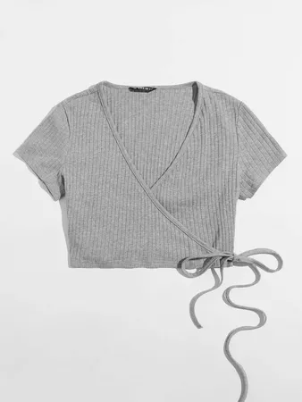 Wrap Tie Side Rib-knit Crop Top | SHEIN USA grey
