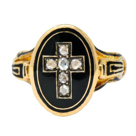 Victorian Diamond Cross 14 Karat Gold Enamel Mourning Ring For Sale at 1stdibs