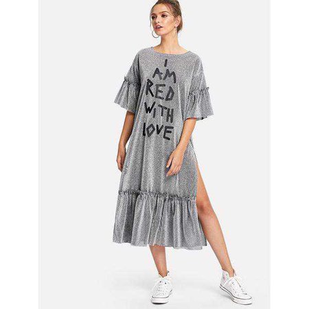 Day Dresses | Shop Women's Grey Slit Ruffle Hem Glitter Dress at Fashiontage | 8336b37d-0-color-grey-size-xs