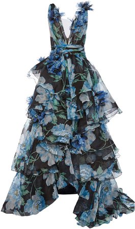 Marchesa Floral-Printed Silk Gown Size: 0