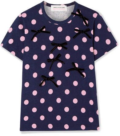 Bow-embellished Polka-dot Cotton-jersey T-shirt - Navy