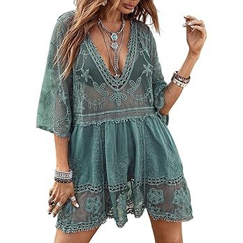 Floerns Women's Contrast Lace Plunging V Neck Bikini Cover Up Beach Dress Bathing Suit Green One Size at Amazon Women’s Clothing store