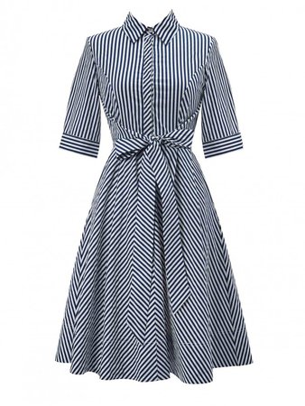 Navy Blue Striped Swing Shirt Dress | Metisu