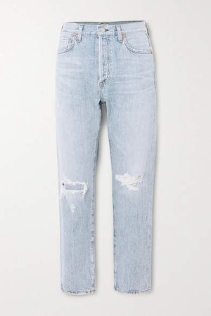 Liya Distressed High-rise Straight-leg Jeans - Light denim