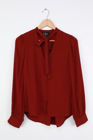 Burgundy Button-Up Top - Tie-Neck Top - Long Sleeve Button-Up - Lulus