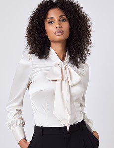 Women's Cream Fitted Satin Blouse -  Bow | Hawes & Curtis