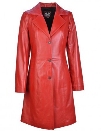 Red Knee Length Fitted Womens Leather Coat - Tully W2027H