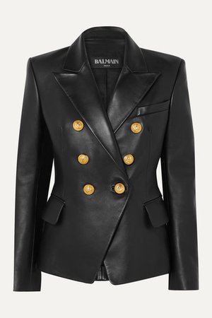 Double-breasted Leather Blazer - Black