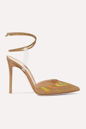 105 Pvc-trimmed Glittered Faille And Crystal-embellished Suede Pumps - Gold