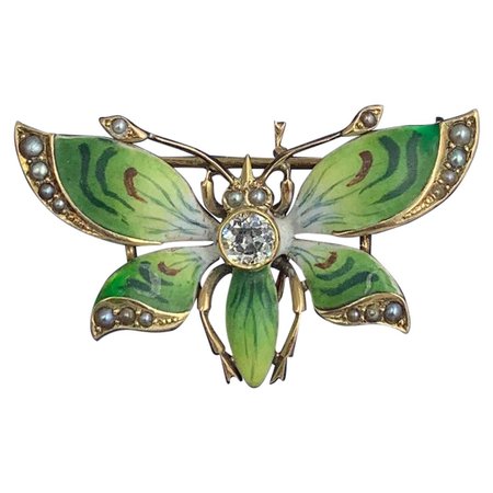 Art Nouveau Butterfly Pendant Brooch OMC Diamond Enamel 14 Karat Gold For Sale at 1stDibs