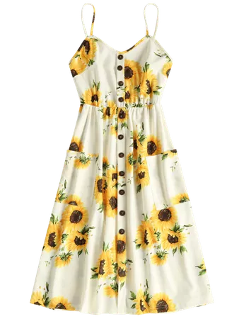 [HOT] 2019 Button Sunflower Print Midi Dress In MULTI S | ZAFUL