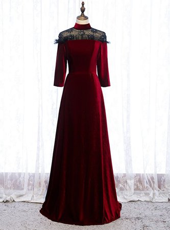 A-Line Dark Burgundy Velvet High Neck Short Sleeve Prom Dress