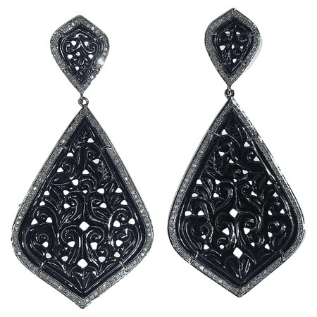 Carved Black Onyx with Pave Diamonds Earrings For Sale at 1stDibs