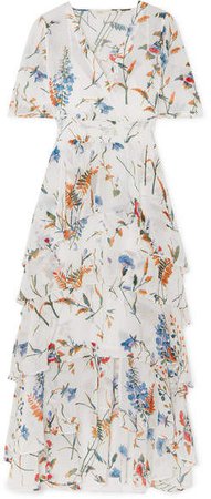 Shirred Floral-print Georgette Midi Dress - White