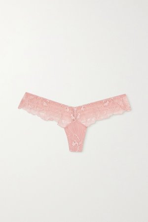 Pastel pink Adele Leavers lace-trimmed stretch-tulle thong | La Perla | NET-A-PORTER