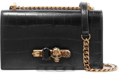 Knuckle Embellished Croc-effect Leather Shoulder Bag - Black