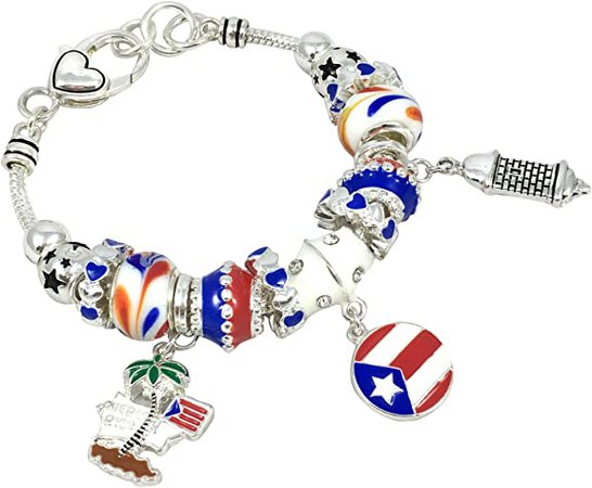 Amazon.com: Elosee Puerto Rico Theme Murano Glass Charm Bracelet 7.5 Inch (Silver Tone) : Clothing, Shoes & Jewelry