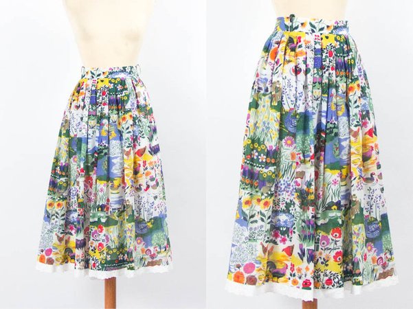 Novelty Vintage Skirt 1970s Skirt Countryside Motif Cotton | Etsy