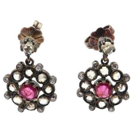 Estate Antique Victorian Style Ruby and Rose Cut Diamond Dangle Flower Earrings For Sale at 1stDibs