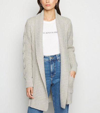 Pale Grey Cable Knit Longline Cardigan | New Look