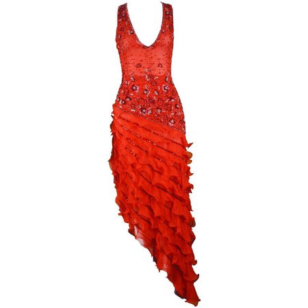 Renato Balestra Italian Haute Couture Beaded Red Silk Flamenco Gown, A / W 1997 For Sale at 1stdibs