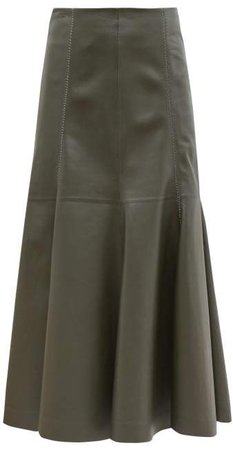 Amy Fluted Leather Midi Skirt - Womens - Khaki