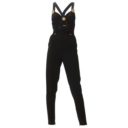 1992 Gianni Versace Bondage Black Wool Jumpsuit with Medallions For Sale at 1stDibs