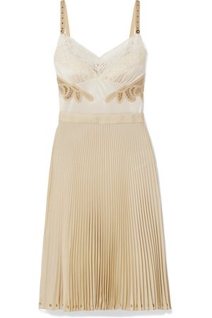 Burberry | Lace and leather-trimmed satin and pleated crepe de chine dress | NET-A-PORTER.COM