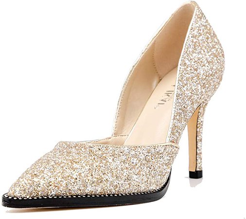LALA IKAI Women’s Pointed Toe Pumps Gold Glitter High Heels with Rhinestone Stiletto Wedding Party Dress Shoes