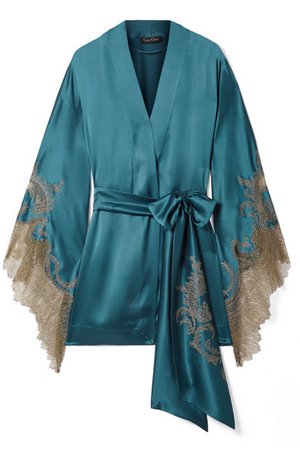 Carine Gilson | Chantilly lace-trimmed silk-satin robe | NET-A-PORTER.COM
