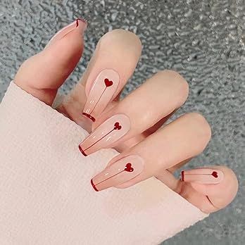 Amazon.com: MERVF Coffin Press on Nails Long Fake Nails Red French Tip Ballerina Acrylic Nails with Hearts Designs 24pcs Glossy Glue on Nails for Women and Girls : Beauty & Personal Care