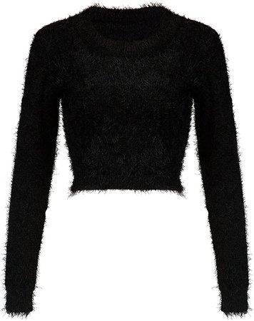 Joeoy Women's Black Fluffy Mohair Long Sleeve Crop Top Knit Sweater Jumper-M at Amazon Women’s Clothing store
