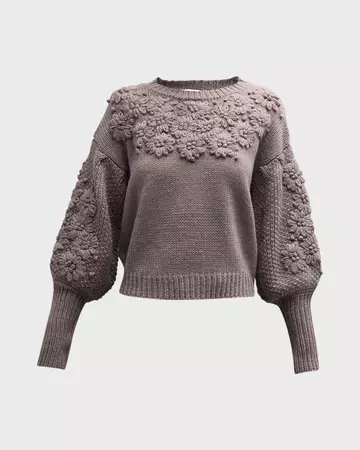 Stellah Chunky-Knit Floral-Embroidered Pullover | Neiman Marcus