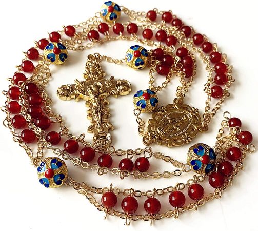 elegantmedical handmade Gold Ladder to Heaven Red Agate & Enamel Beads Catholic Rosary crucifix Necklace | Amazon.com