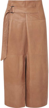 Belted Leather Midi Skirt - Brown