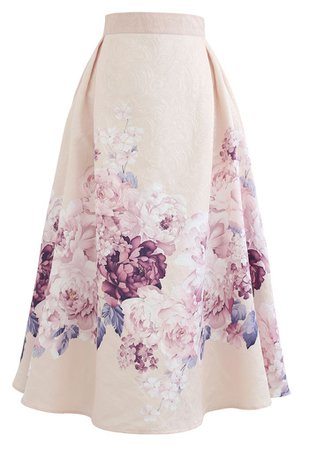 Lavender Peony Print Embossed Midi Skirt - Retro, Indie and Unique Fashion