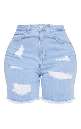 Shape Light Wash High Waist Longline Distressed Denim Shorts - Denim Shorts - Shorts - Clothing | PrettyLittleThing