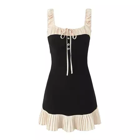 Avauntgardo - Sleeveless Square Neck Two Tone Pleated Hem Tie Front Mini A-Line Dress | YesStyle