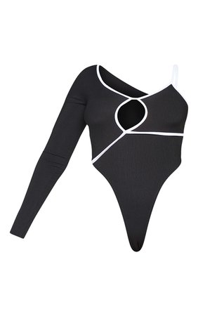 Black Rib One Sleeve Cut Out Detail Bodysuit | PrettyLittleThing USA