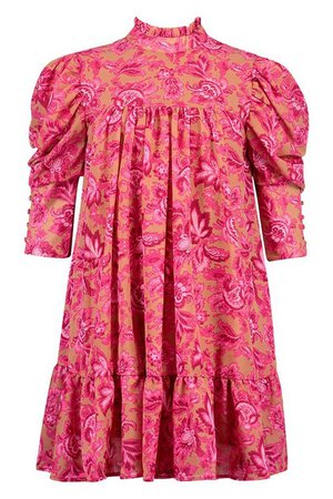 Printed Puff Sleeve Ruffle Neck Smock Dress | Boohoo pink