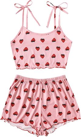 SweatyRocks Women's Summer Strawberry Print Cami Top and Shorts Sleepwear Pajamas Set Strawberry Pink S at Amazon Women’s Clothing store